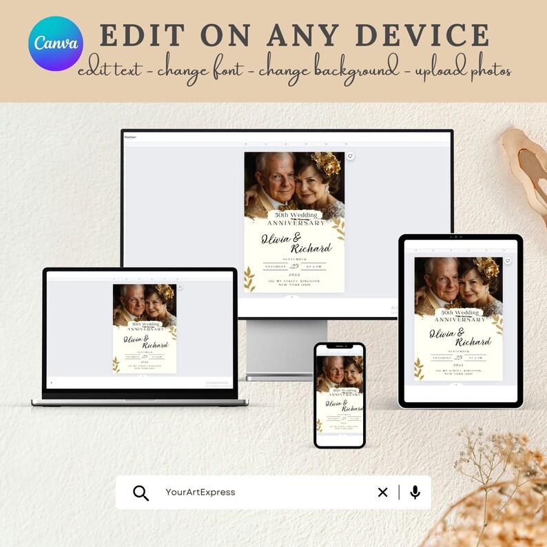 Puede incluir: Una maqueta digital de una invitaci&oacute;n de 30 aniversario de boda con un esquema de color dorado y blanco. La invitaci&oacute;n presenta una foto de una pareja, detalles en pan de oro y el texto "30 aniversario de boda, Olivia & Richard". La invitaci&oacute;n se muestra en una pantalla de ordenador, una tableta y un tel&eacute;fono inteligente.