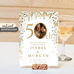 Faire-part 50e anniversaire, verdure mariage doré, faire-part modifiable avec photo, modèle sur toile
