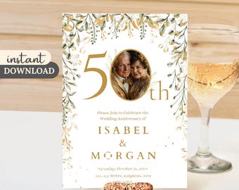 Invitación para el 50 aniversario, bodas doradas con vegetación, invitación editable con foto, plantilla Canva