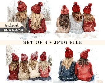 May include: Watercolor illustration of four groups of friends in winter attire. Each group features figures with blonde and brown hair, wearing red knit hats and coats. The image includes the text "instant download" and "set of 4 jpeg file."
