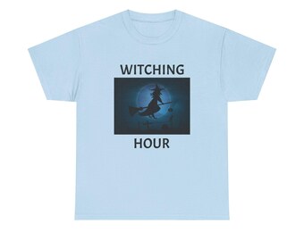 Witching Hour witch flying on broom T-Shirt | Halloween spooky witch silhouette