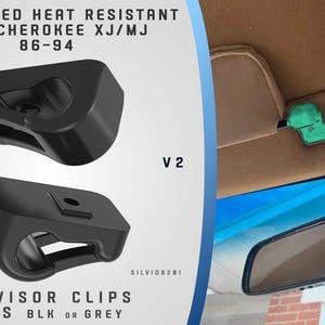 May include: Black sun visor clips for Jeep Cherokee XJ/MJ models from 1986-1994. The image shows two clips, with text that reads "REINFORCED HEAT RESISTANT" and "SUNVISOR CLIPS". The clips are designed to withstand heat and are available in black or grey.