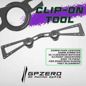 Könnte beinhalten: Ein schwarzes Clip-On-Werkzeug mit dem Text "CLIP-ON TOOL" in Lila. Das Werkzeug hat einen Durchmesser von 50 mm und 210 mm Gabelmitten. Zusätzlicher Text enthält "EASY TO PRINT" und "FAST ALIGNMENT". Der Markenname "GPZERO" ist ebenfalls sichtbar.
