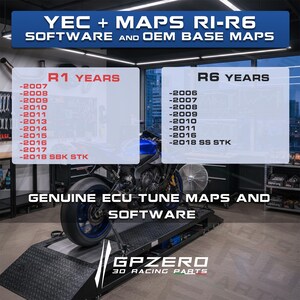 Könnte beinhalten: Motorrad auf einer Hebebühne, mit Textüberlagerung: "YEC + MAPS RI-R6 SOFTWARE AND OEM BASE MAPS." Listen der Modelljahre für R1- und R6-Motorräder werden ebenfalls angezeigt. Der Text unten lautet "GENUINE ECU TUNE MAPS AND SOFTWARE."