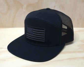 Black White American Flag Trucker Hat Flatbill Boxy