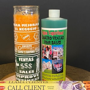 Better Business Kit-  Better Business Fixed Candle & Sales Spiritual Water, Call Client Incense/ Kit Mejora Negocio con Vela Preparada