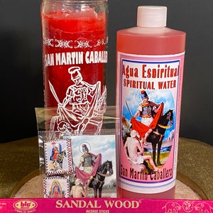 San Martin Caballero Vela Preparada, Agua Espiritual, Incienso, Escapulario y Oracion/ Martin of Tours Spiritual Kit w/ Fixed Candle