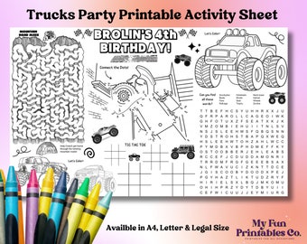 Truck Birthday Party Activity Sheet: Personalized Printable (PDF & JPEG Files)