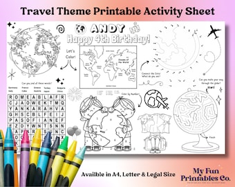 Printable Activity Sheet, Travel Printable, Personalized Party Decor, Travel Coloring, Around the Globe Party Theme, Travel Theme Decor