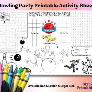 Gepersonaliseerd activiteitenblad bowlingfeest: afdrukbare kleurpagina (pdf en jpeg)