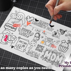 May include: A black and white printable coloring page with various illustrations of hearts, flowers, and the word "Mom" in different styles. The page includes the text "Happy Mother's Day" and "I Love You".