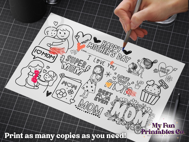 May include: A black and white printable coloring page with various illustrations of hearts, flowers, and the word "Mom" in different styles. The page includes the text "Happy Mother's Day" and "I Love You".
