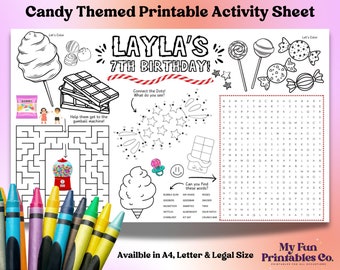 May include: A printable activity sheet for a 7th birthday party with a candy theme. The sheet features a connect-the-dots activity, a maze, a word search, and coloring pages. The sheet is decorated with images of candy, including lollipops, chocolate bars, and cotton candy.
