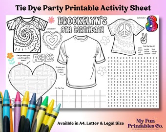 Printable Activity Sheet, Tie Dye Printable, Personalized Party Decor, Tie Dye Coloring, Tie Dye Party Activity, Tie Dye Party, Tie Dye Bday