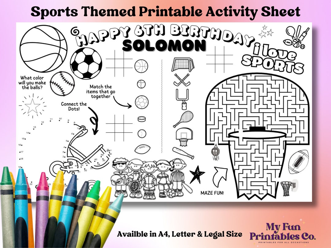Printable Activity Sheet, Sports Party Printable, Sports Party Decor ...