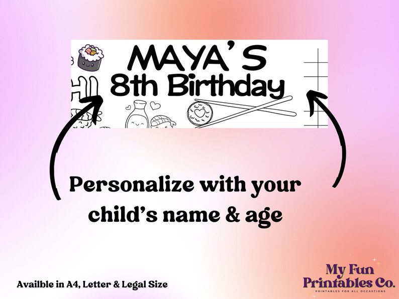 May include: Printable banner with a sushi theme. It says "MAYA'S 8th Birthday" and has a cute cartoon sushi roll with chopsticks. The text "Personalize with your child's name & age" is below the banner.