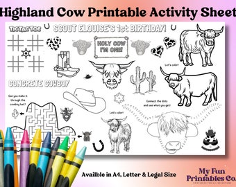 Highland Cow Birthday Party Activity Sheet: Personalized Printable (PDF & JPEG