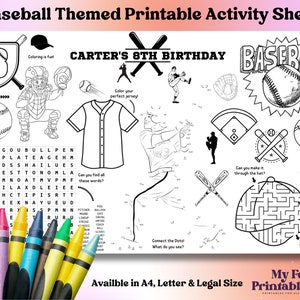 Druckbares Aktivitätsblatt, Baseball-Party zum Ausdrucken, Baseball-Party-Dekor, Baseball-Malseite, Baseball-Motto-Geburtstag, Baseball-Beutetasche