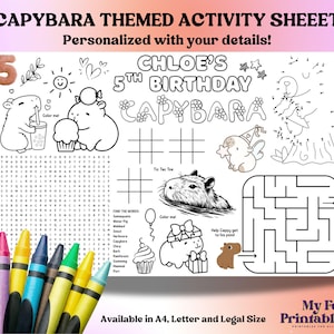 Personalized Capybara Birthday Party Activity Sheet (Printable PDF/JPEG File)