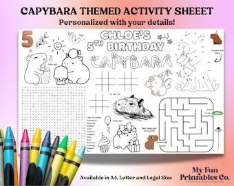 Personalized Capybara Birthday Party Activity Sheet (Printable PDF/JPEG File)