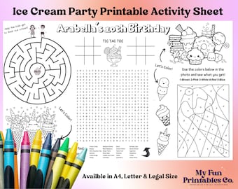 Printable Activity Sheet, Ice Cream Party Printable, Ice Cream Party Decor, Ice Cream Coloring, Ice Cream Party Theme, Ice Cream Loot Bag