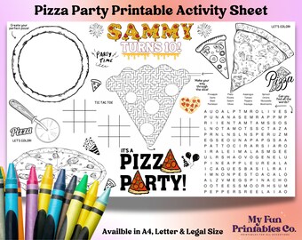 Feuille d'activité personnalisée Fête de la pizza : coloriage d'anniversaire à imprimer (PDF et JPEG)