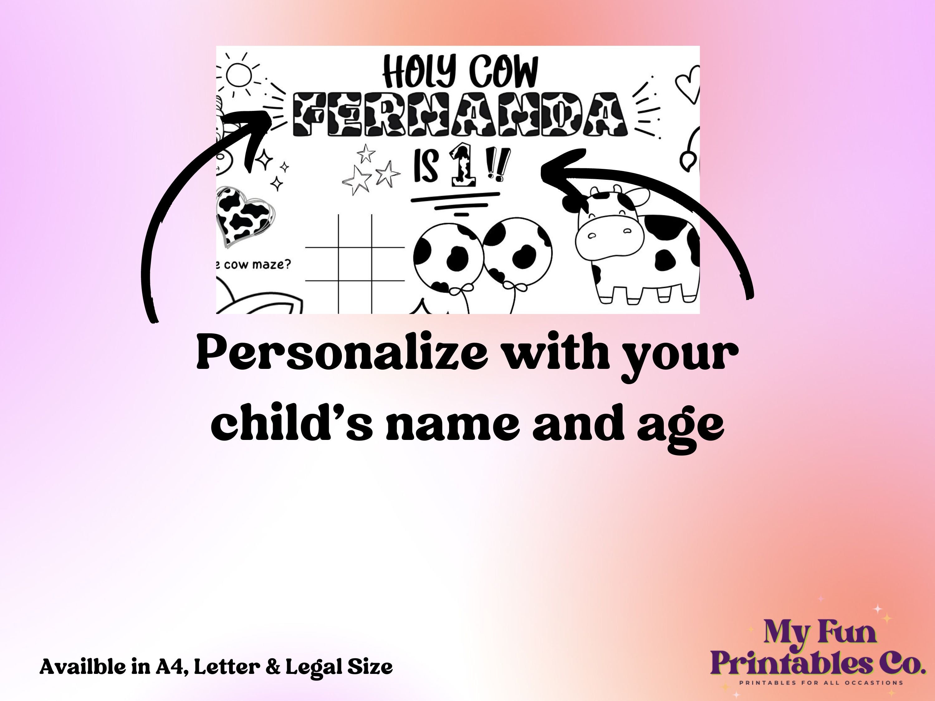 Printable Activity Sheet, Cow Theme Party Printable, Personalized Party ...