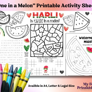 May include: A printable activity sheet for a child's first birthday with a watermelon theme. The sheet includes a colour-by-number activity, a word search, a maze, and a tic-tac-toe game. The text "Hadli is one in a melon!" is at the top of the sheet.