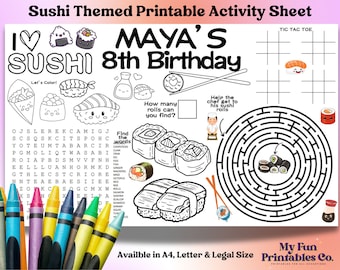 Personalized Sushi Birthday Activity Sheet: Sushi Party Favor (PDF & JPEG)