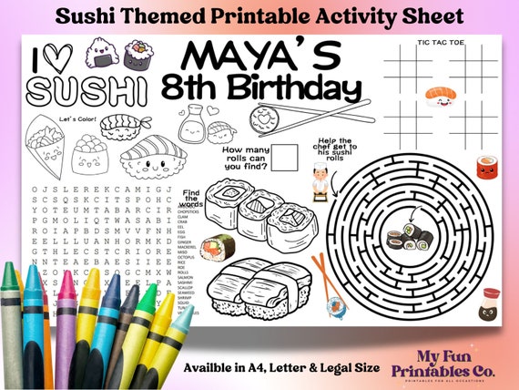Personalized Sushi Birthday Activity Sheet: Sushi Party Favor (PDF & JPEG)