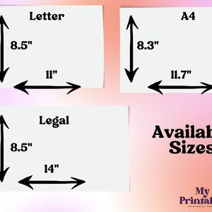 May include: Diagram showing the available sizes for printable documents: Letter (8.5 inches by 11 inches), Legal (8.5 inches by 14 inches), and A4 (8.3 inches by 11.7 inches).