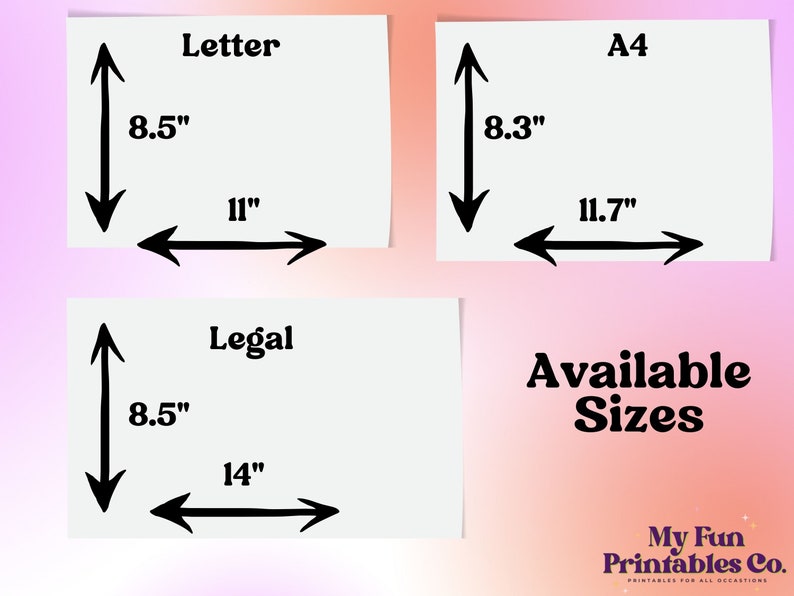 May include: Diagram showing the available sizes for printable documents: Letter (8.5 inches by 11 inches), Legal (8.5 inches by 14 inches), and A4 (8.3 inches by 11.7 inches).