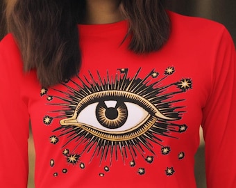 Occult Eye Unisex T-Shirt, Mystical Long Sleeve Shirt, All Seeing Eye Top, Boho Apparel, Unique Graphic Tee Printed on front and back