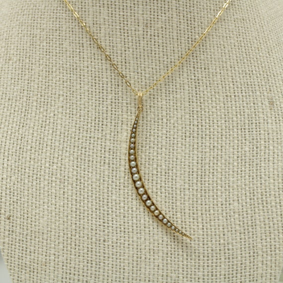 Vintage Crescent Moon Seed Pearl Pendant 14k Yell… - image 1