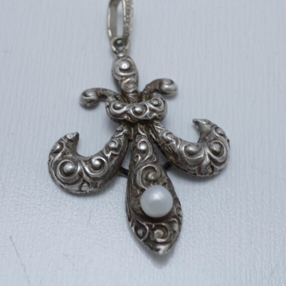 Antique Fleur De Lis Sterling Silver Pearl Pendant