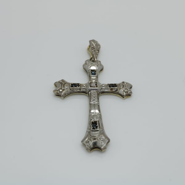 Art Deco Cross Diamond Sapphire Cross Pendant 18k White Gold