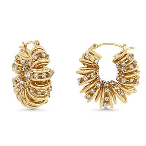 Chunky Gold Plated CZ Hoop EARRINGS, Sparkly Crystal Statement DROPS