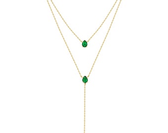18k Gold Plated Emerald NECKLACE, Minimalist Green GEM Pendant, Chic Boho Layering JEWELRY