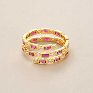 Pink Ruby Eternity Band Ring, CZ Red Diamond Gold Plated Band, Elegant Stackable Ring, Bridal Wedding Ring, Luxury Pink Stone Eternity Ring