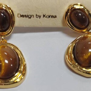 Vintage Tiger Eye Tropfen Ohrringe, 18K vergoldete Messing braun Harz baumeln Ohrringe, polierter Edelstein Statement Schmuck für Frauen Geschenk