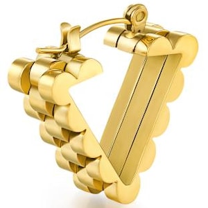 May include: Gold-colored, geometric hoop earring with a unique design. The earring features a triangular shape with a series of rounded, textured segments along the outer edges. The inner section is a smooth, flat surface. The earring has a hinged closure.