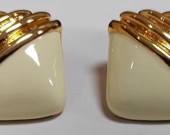 Vintage Square Stud Earrings, 18k Gold Plated Ivory Enamel Ribbed Design Earrings, Retro Chic Statement Earrings, Minimalist Bold Jewelry