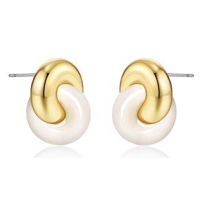May include: A pair of gold-tone stud earrings. Each earring features a gold-colored, rounded top section that connects to a white, circular bottom section. The earrings have a post for pierced ears.