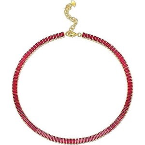 18K Gold Plated Ruby Baguette Crystal Tennis Choker Necklace for Women, Adjustable Statement Chain
