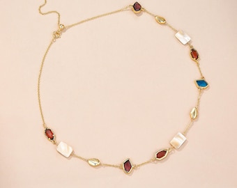Collar con múltiples piedras preciosas chapado en oro de 18 quilates, collar de cristal de talla mixta, cadena de cuentas de oro y nácar, collar llamativo de regalo