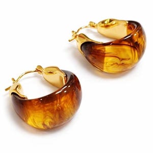 May include: A pair of chunky hoop earrings featuring a polished gold-tone metal hinge and a thick, translucent amber-colored resin body with swirling brown and honey-toned patterns throughout the rounded, semi-circular design.