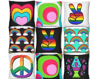 Retro Throw Pillow Cover Cotton Pillow Case Unique Couch Cushion Cover Rainbow Living Room Decor Boho Hippie Bedrooom Decor Girl Room Decor