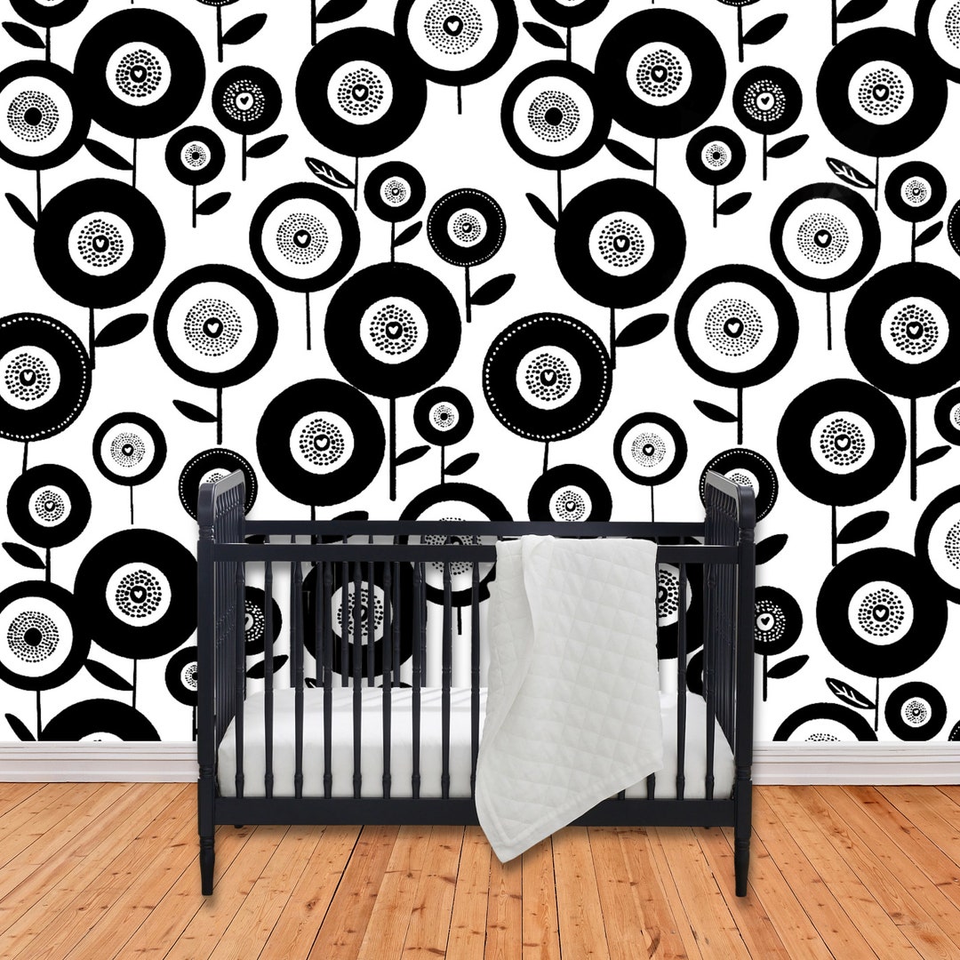 Cute Wildflower Mural Peel and Stick Mural Wallpaper Black and White ...