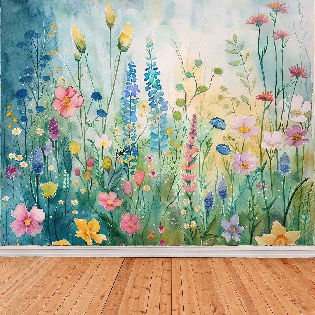 Boho Wildflower Wallpaper Mural Blue Floral Peel and Stick Mural ...