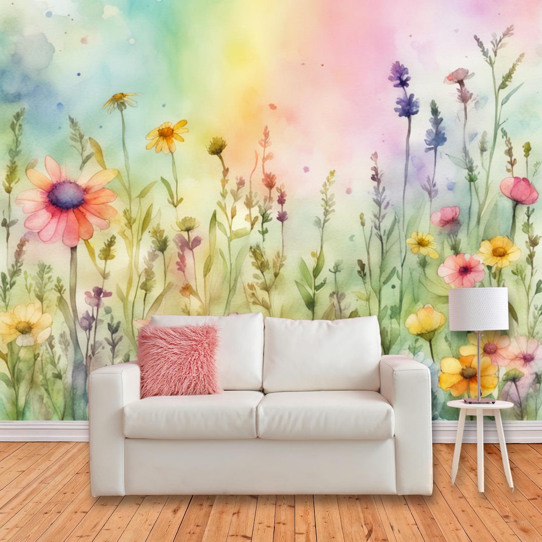 Boho Wildflower Mural Wallpaper, Pink Floral Wall Mural, Canvas ...